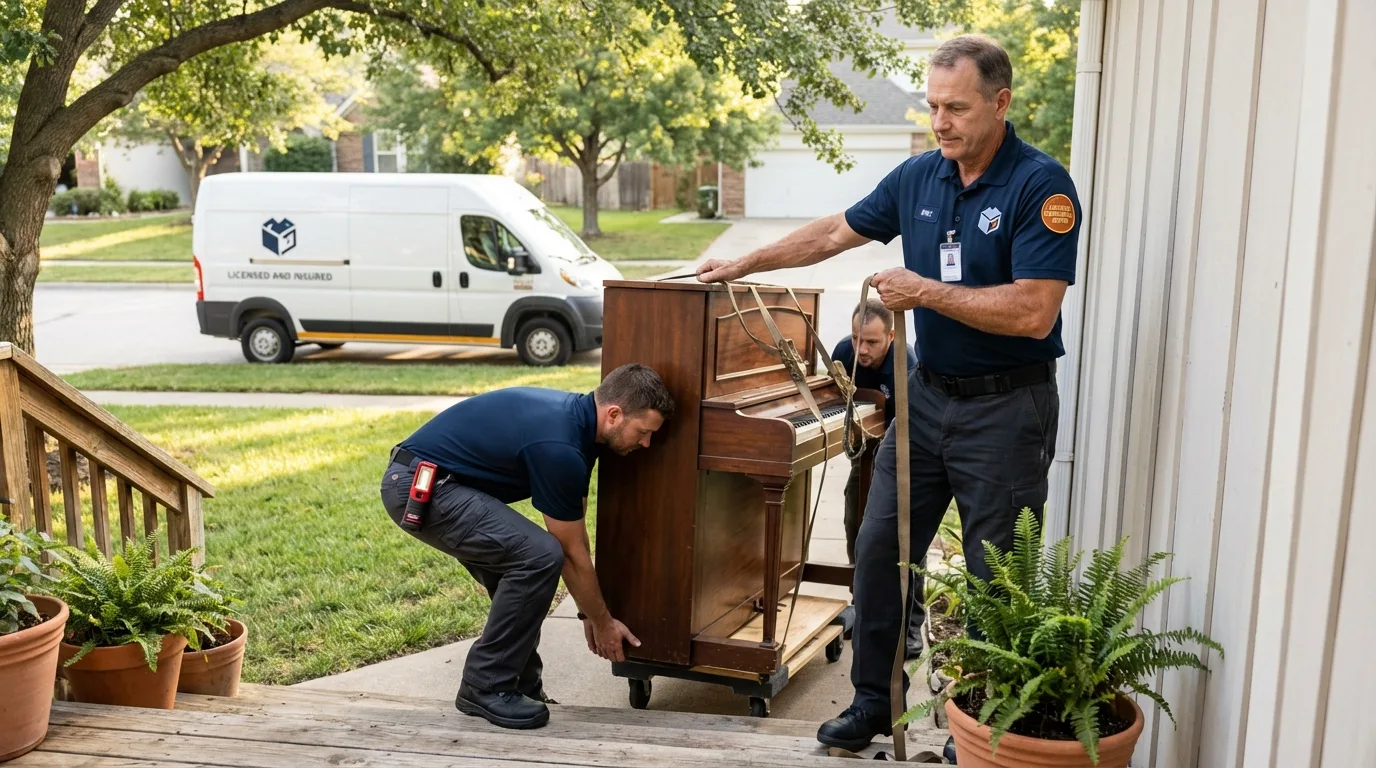 Licensed piano movers securing grand piano in Bridgewater, NJ