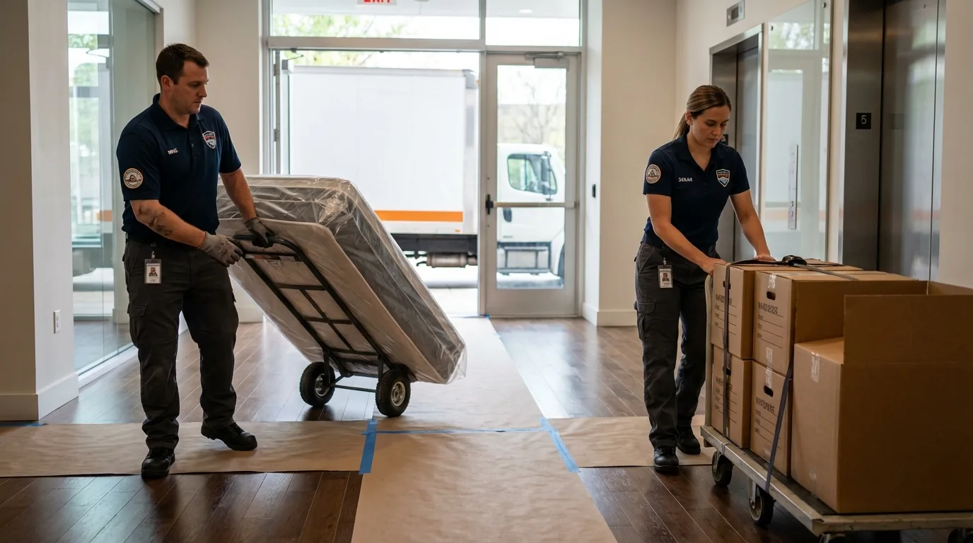 Professional apartment movers loading elevator in Bridgewater, NJ